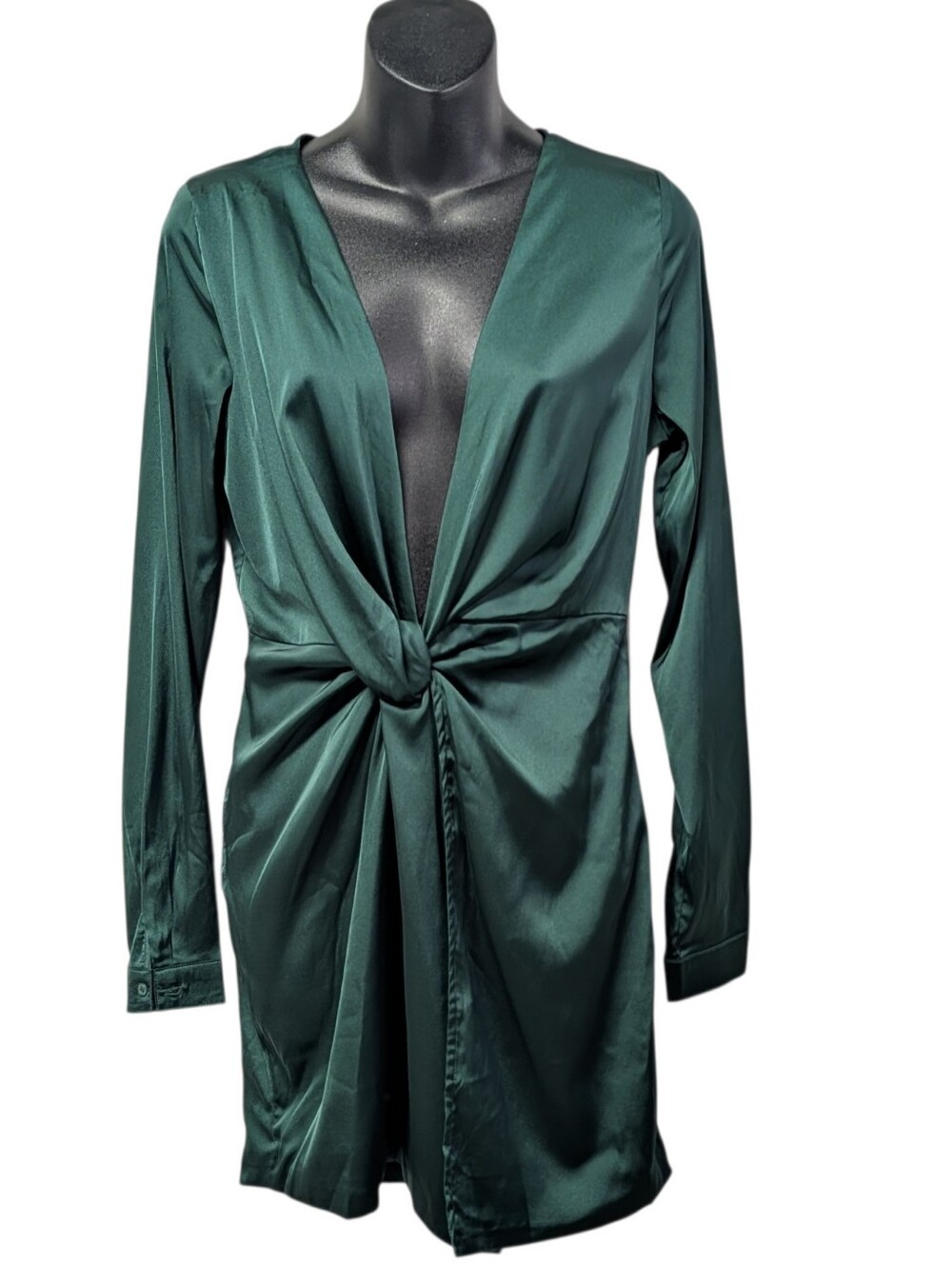 Fashion Nova Sugar Free Dress Women's Green Satin Knot Front Mini V-Neck M NWT